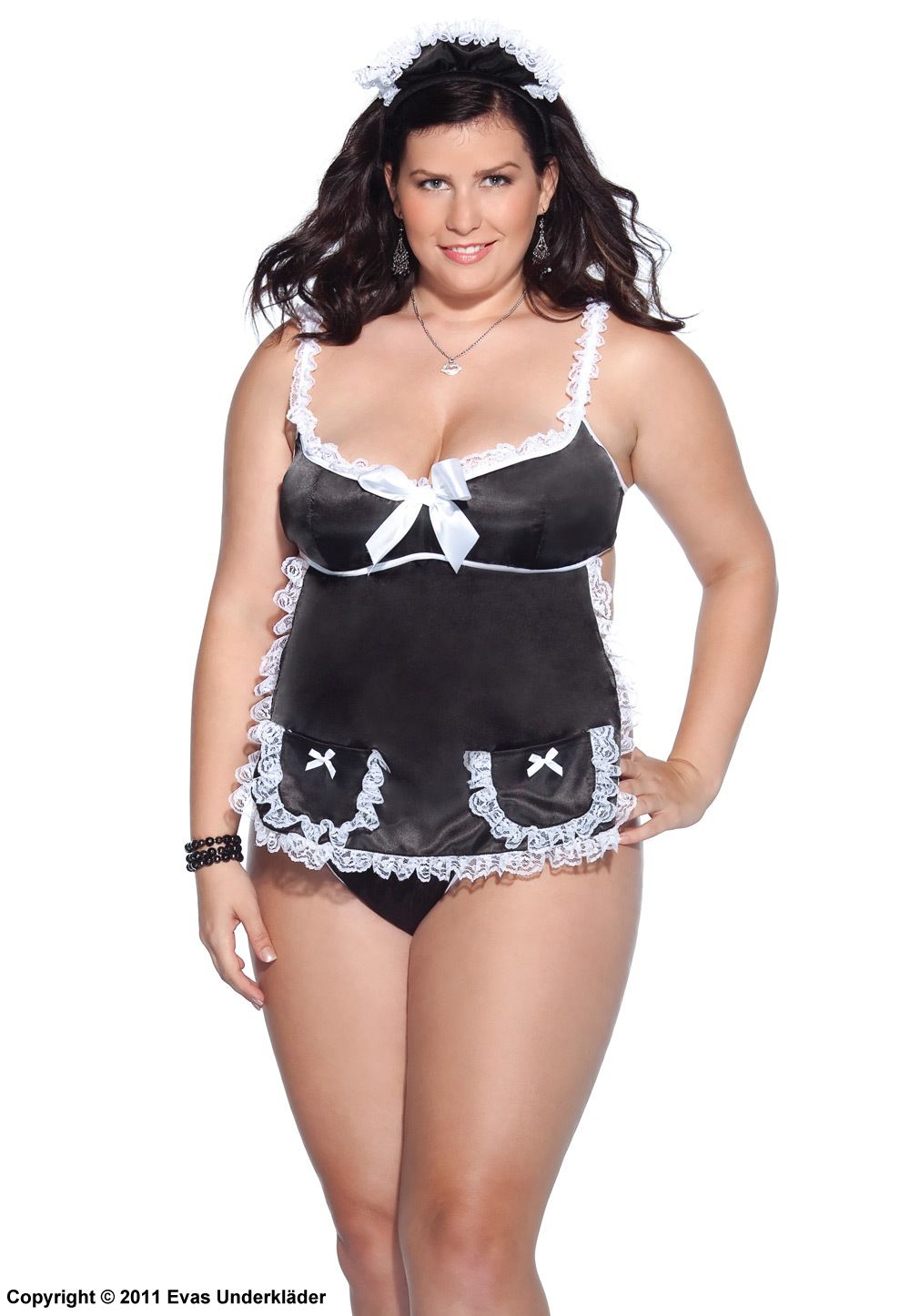 French maid, costume lingerie, lace trim, big bow, plus size